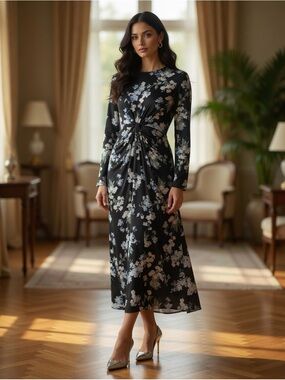 H&M XS Black Floral Twist-Front Long Sleeve Dress